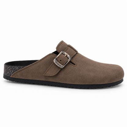 Haven Buckle Clogs in Mocha, EU 37–45, full outer-side profile at a slightly elevated angle, whole shoe visible
