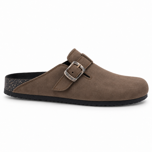 Haven Buckle Clogs in Mocha, EU 37–45, full outer-side profile at a slightly elevated angle, whole shoe visible