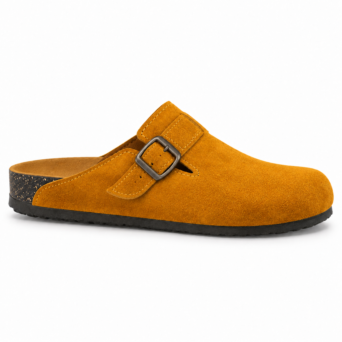 Haven Buckle Clogs in Ochre, EU 37–45, full outer-side profile at a slightly elevated angle, whole shoe visible
