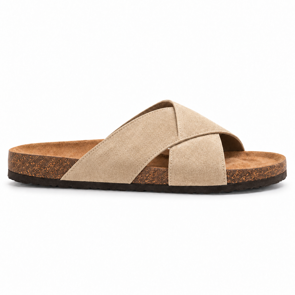 Cove Cross-Strap Slides in Sand, EU 37–45, full outer-side profile at a slightly elevated angle, whole shoe visible