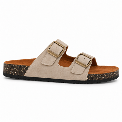Dune Double-Buckle Sandals in Sand, EU 37–45, full outer-side profile at a slightly elevated angle, whole shoe visible