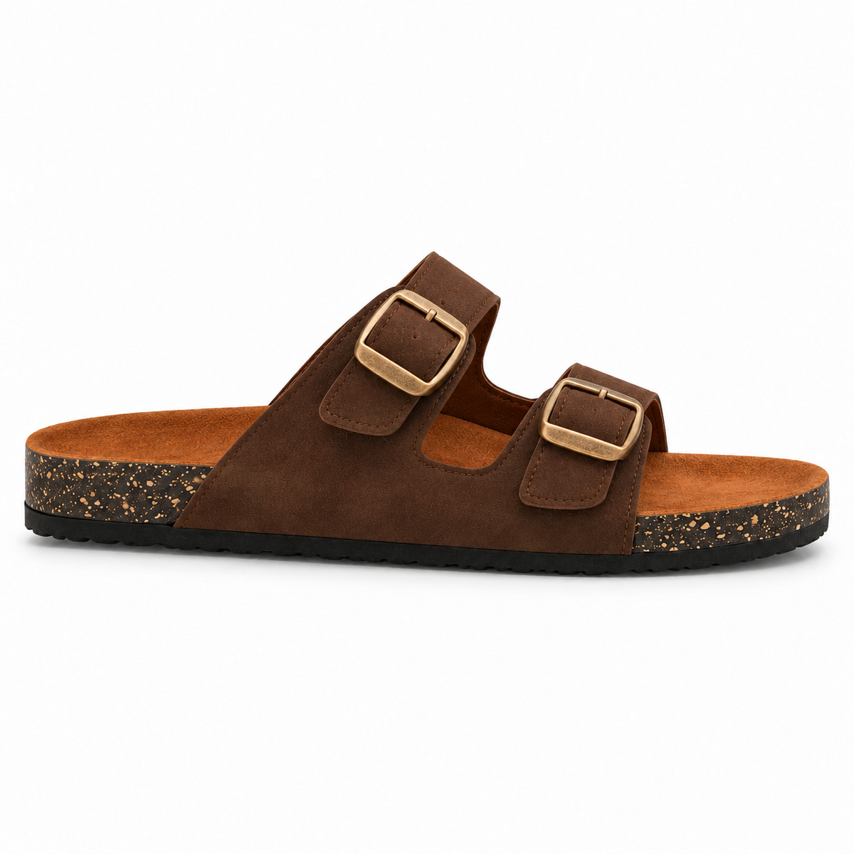 Dune Double-Buckle Sandals in Chocolate, EU 37–45, full outer-side profile at a slightly elevated angle, whole shoe visible