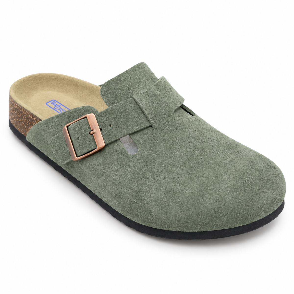 Haven Copper Buckle Clogs — Sage, three quarter view