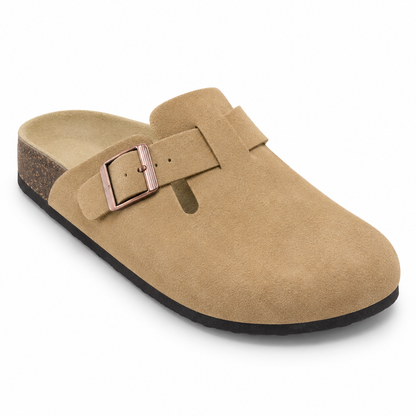 Haven Copper Buckle Clogs — Camel, three quarter view