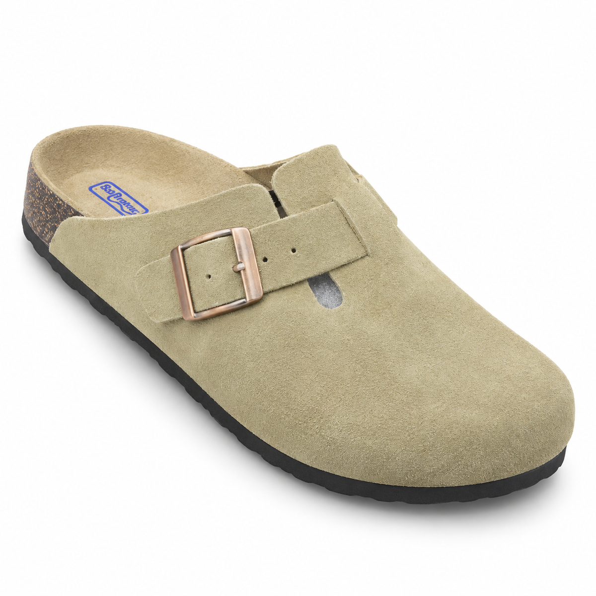 Haven Copper Buckle Clogs — Sand, three quarter view