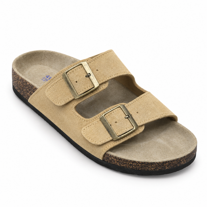 Dune Textured Double-Buckle Sandals — Sand, three quarter view