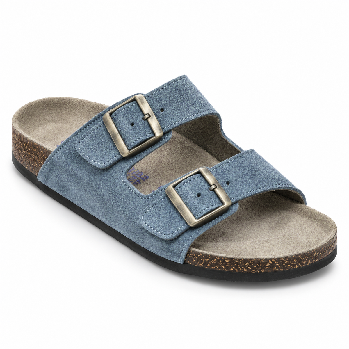 Dune Textured Double-Buckle Sandals — Denim, three quarter view