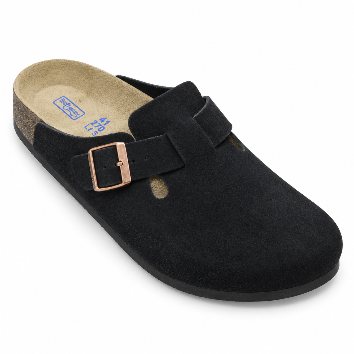 Haven Copper Buckle Clogs — Black, three quarter view