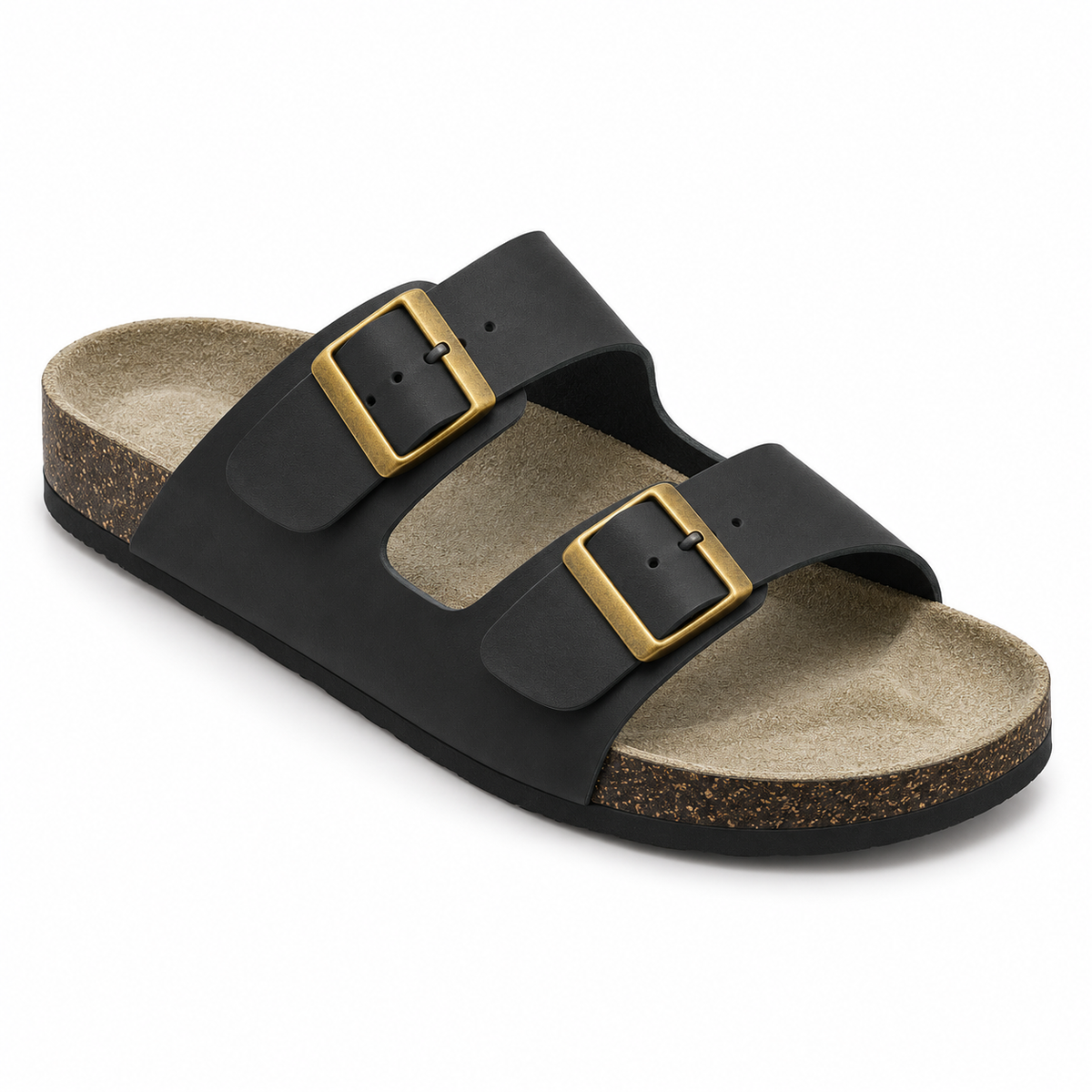 Dune Smooth Double-Buckle Sandals — Black, three quarter view