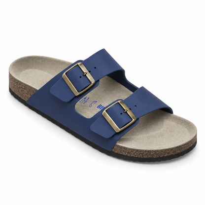 Dune Smooth Double-Buckle Sandals — Navy, three quarter view