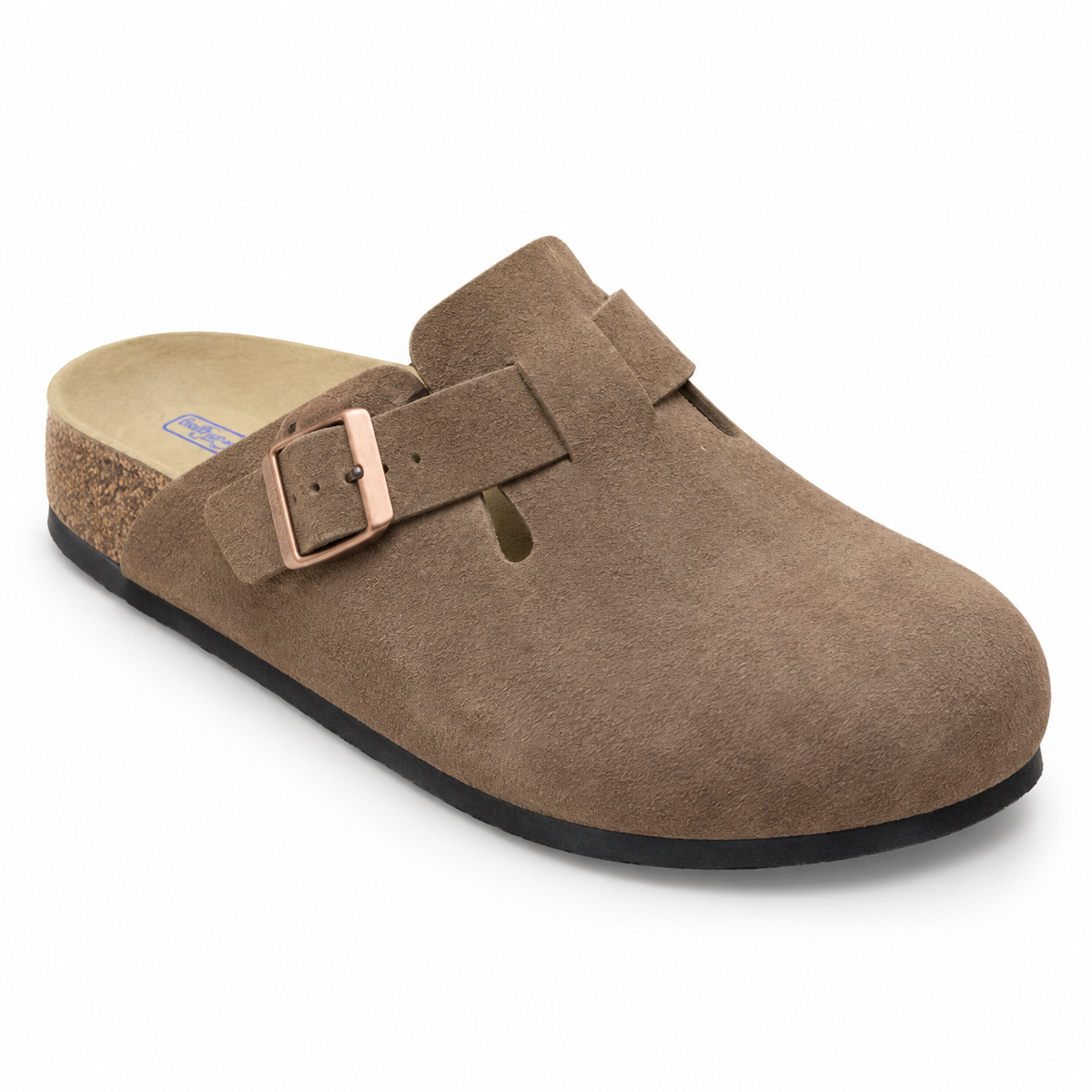 Haven Copper Buckle Clogs — Taupe, three quarter view