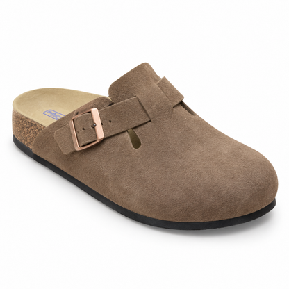 Haven Copper Buckle Clogs — Taupe, three quarter view