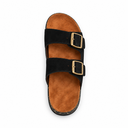 Dune Double-Buckle Sandals in Black, EU 37–45, direct overhead top view, toe towards the top of the frame, whole shoe visible