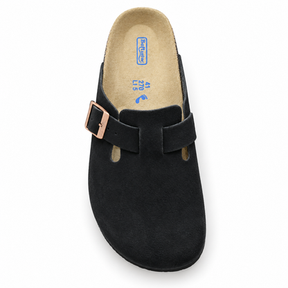 Haven Copper Buckle Clogs — Black, top view