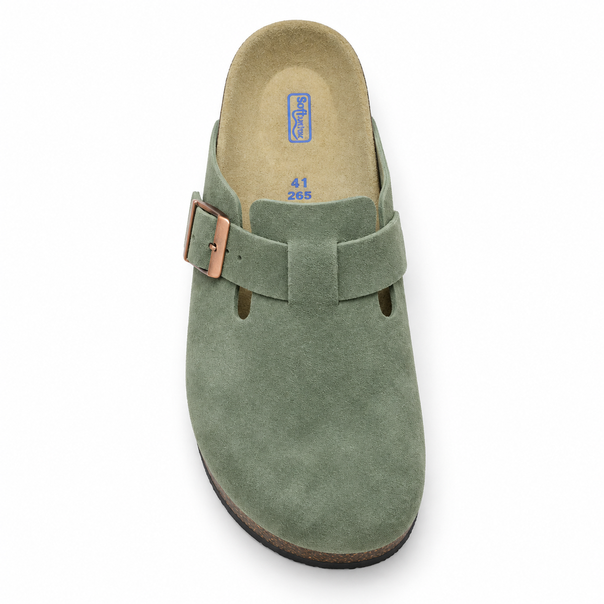 Haven Copper Buckle Clogs — Sage, top view