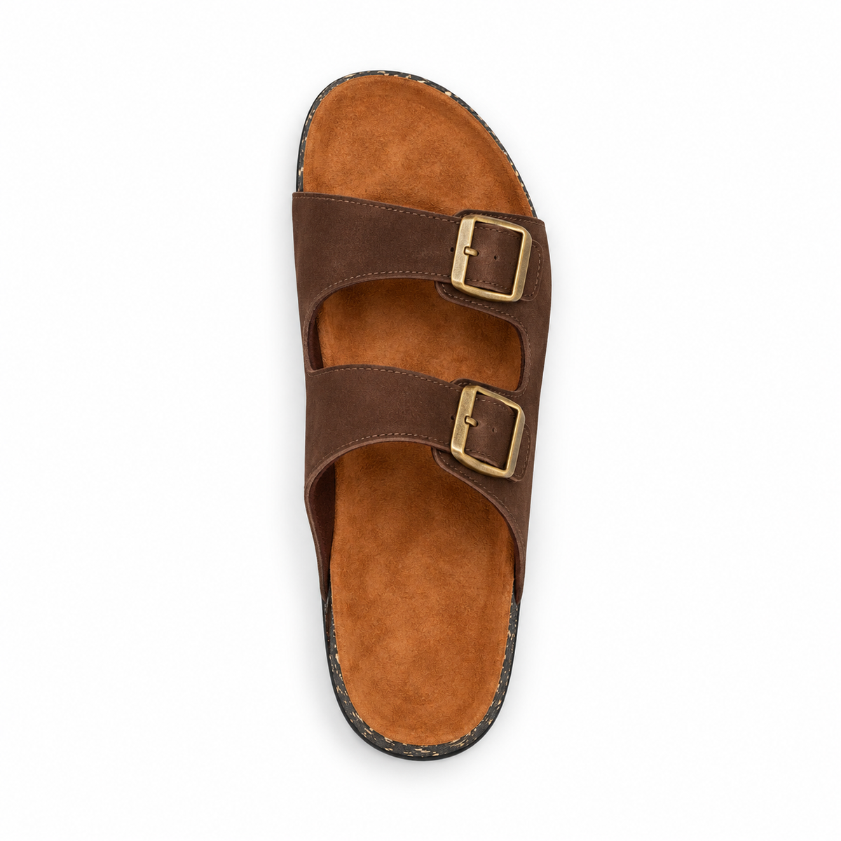Dune Double-Buckle Sandals in Chocolate, EU 37–45, direct overhead top view, toe towards the top of the frame, whole shoe visible