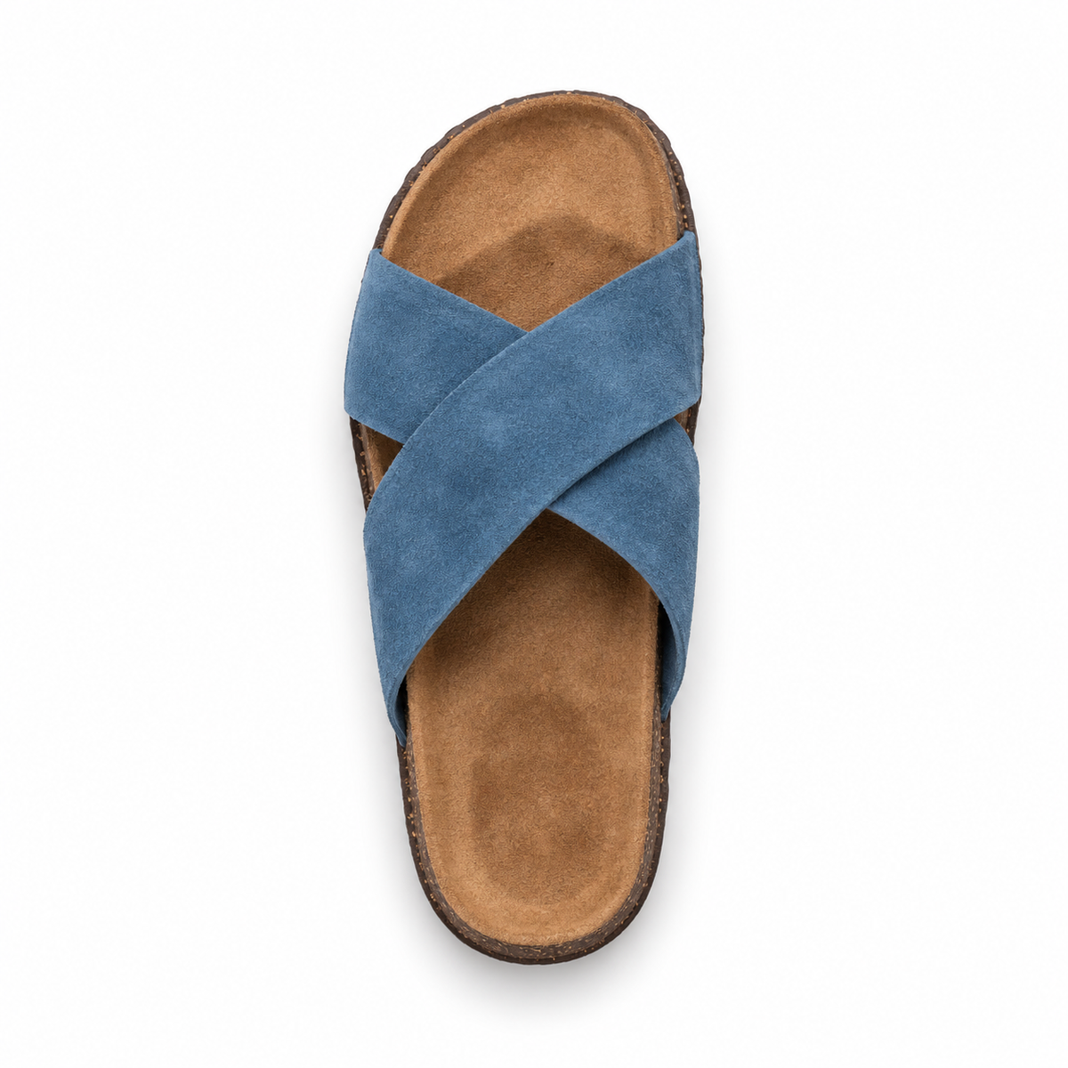 Cove Cross-Strap Slides in Denim, EU 37–45, direct overhead top view, toe towards the top of the frame, whole shoe visible