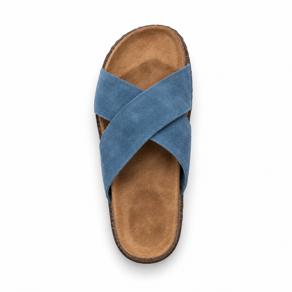 Cove Cross-Strap Slides in Denim, EU 37–45, direct overhead top view, toe towards the top of the frame, whole shoe visible