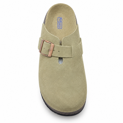 Haven Copper Buckle Clogs — Sand, top view