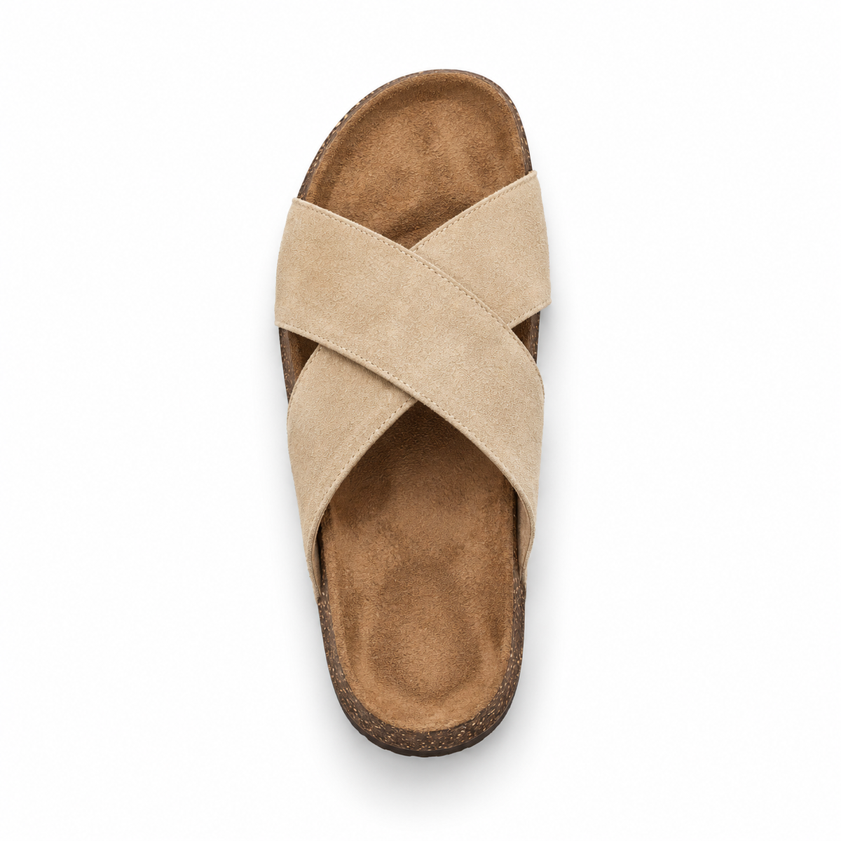 Cove Cross-Strap Slides in Sand, EU 37–45, direct overhead top view, toe towards the top of the frame, whole shoe visible