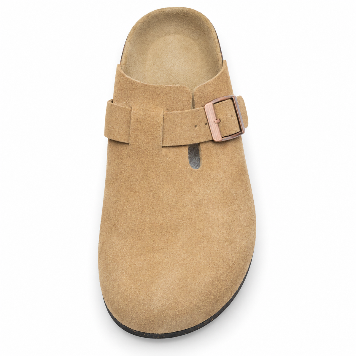 Haven Copper Buckle Clogs — Camel, top view