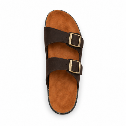 Dune Double-Buckle Sandals in Espresso, EU 37–45, direct overhead top view, toe towards the top of the frame, whole shoe visible