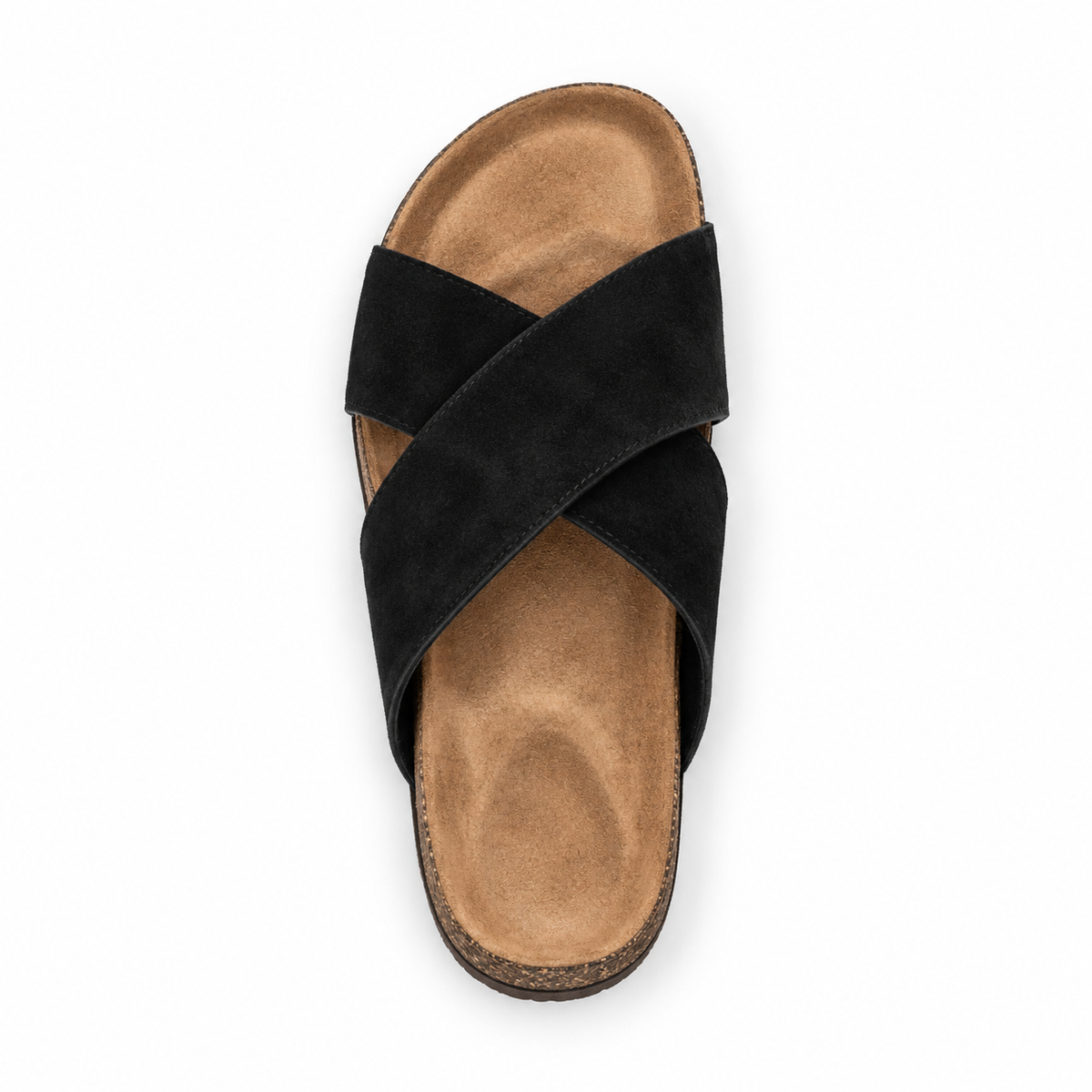 Cove Cross-Strap Slides in Black, EU 37–45, direct overhead top view, toe towards the top of the frame, whole shoe visible