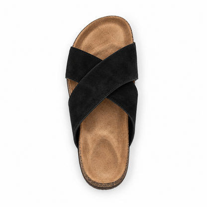 Cove Cross-Strap Slides in Black, EU 37–45, direct overhead top view, toe towards the top of the frame, whole shoe visible
