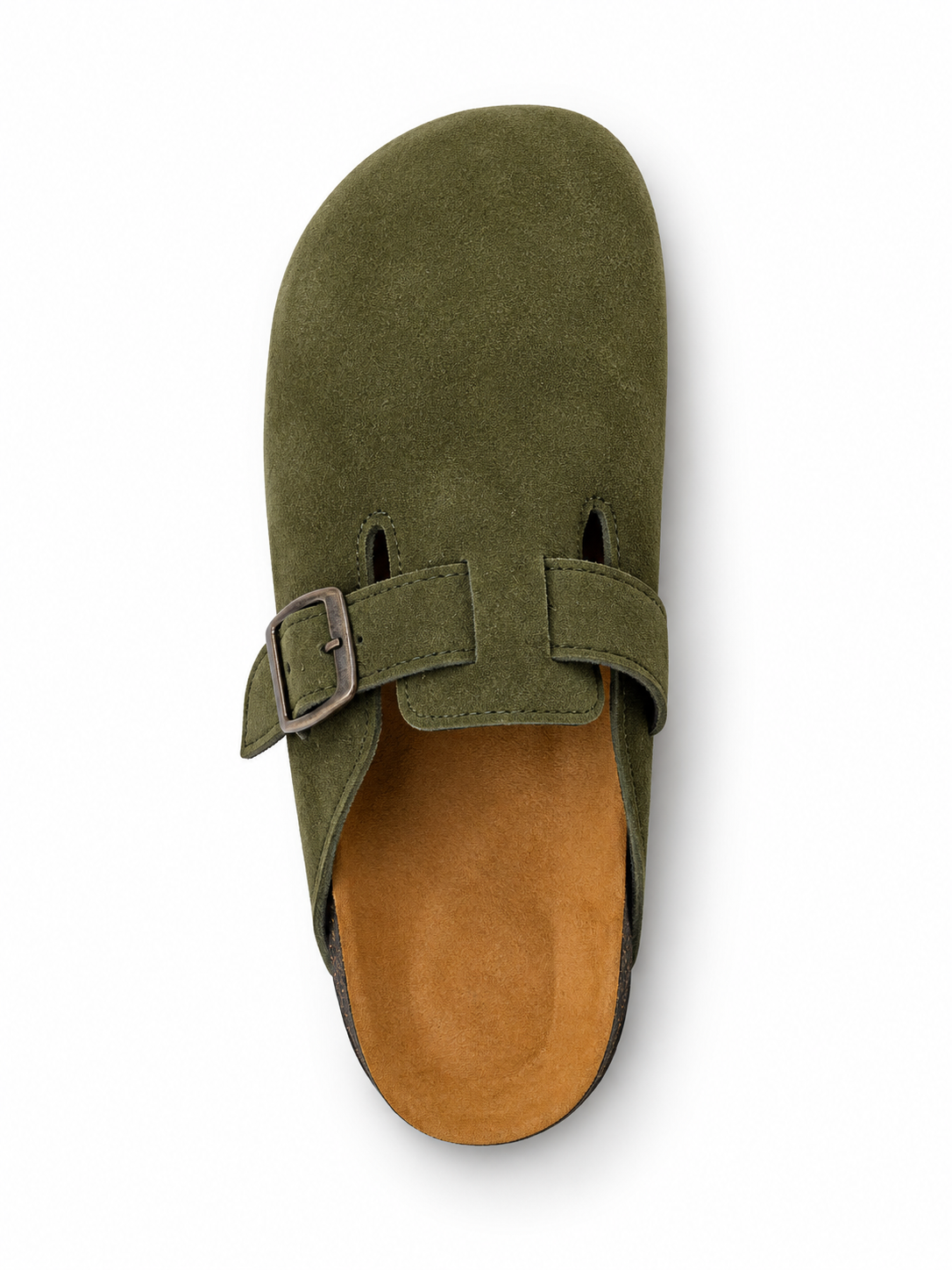 Haven Buckle Clogs in Olive, EU 37–45, direct overhead top view, toe towards the top of the frame, whole shoe visible