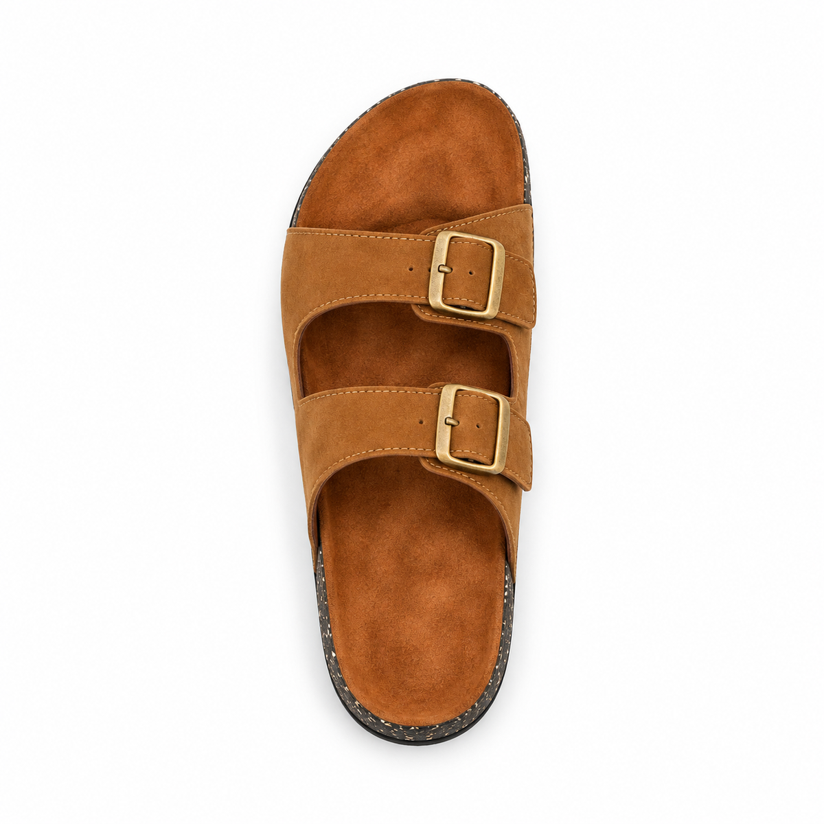 Dune Double-Buckle Sandals in Camel, EU 37–45, direct overhead top view, toe towards the top of the frame, whole shoe visible
