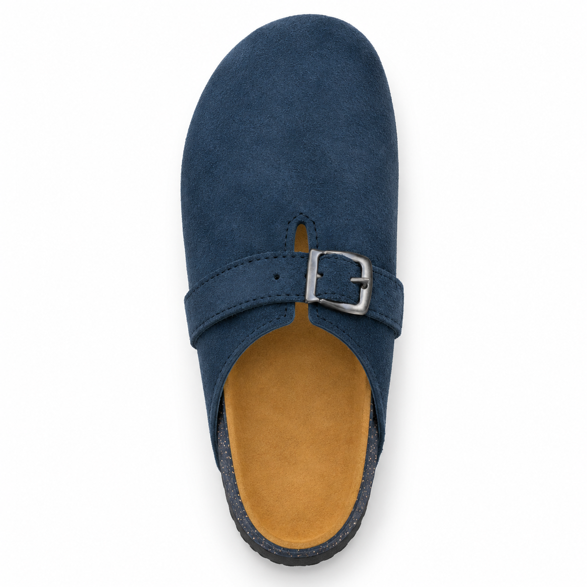 Haven Buckle Clogs in Navy, EU 37–45, direct overhead top view, toe towards the top of the frame, whole shoe visible