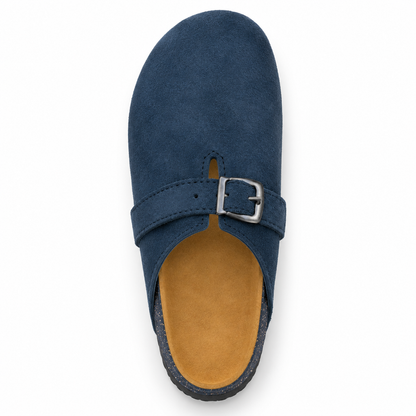 Haven Buckle Clogs in Navy, EU 37–45, direct overhead top view, toe towards the top of the frame, whole shoe visible