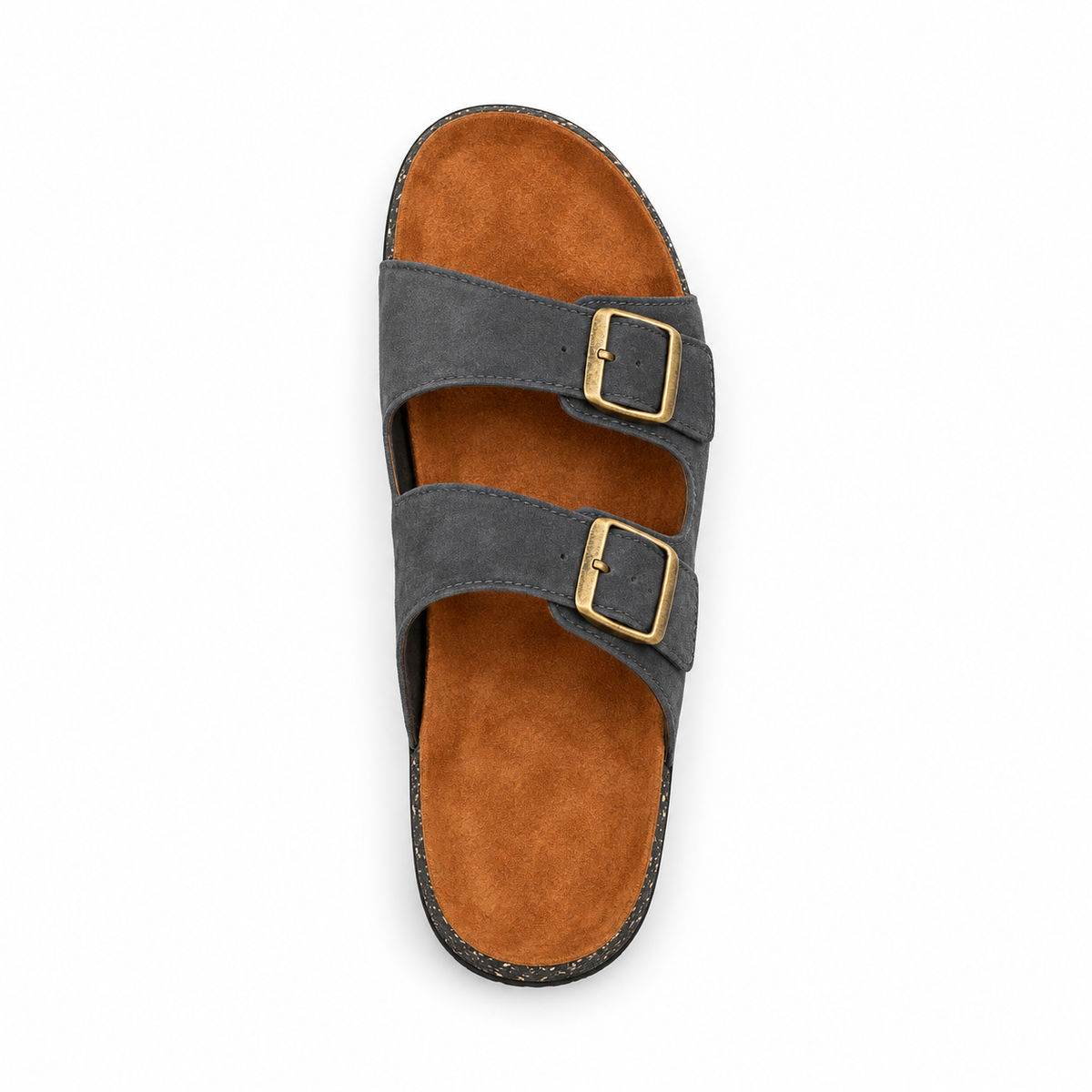 Dune Double-Buckle Sandals in Charcoal, EU 37–45, direct overhead top view, toe towards the top of the frame, whole shoe visible