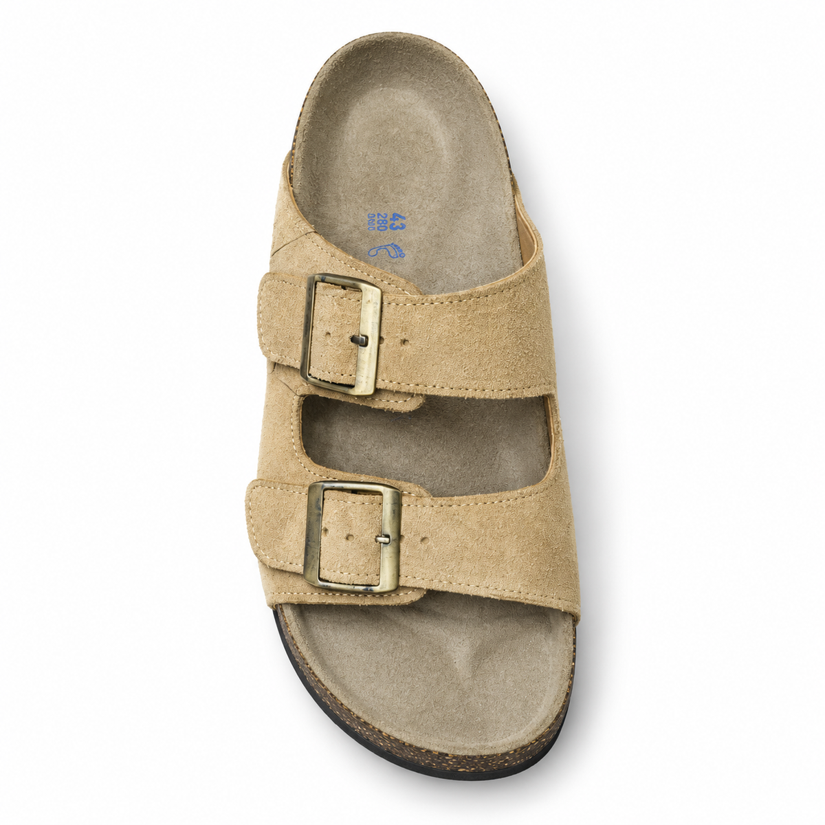 Dune Textured Double-Buckle Sandals — Sand, top view