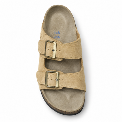Dune Textured Double-Buckle Sandals — Sand, top view