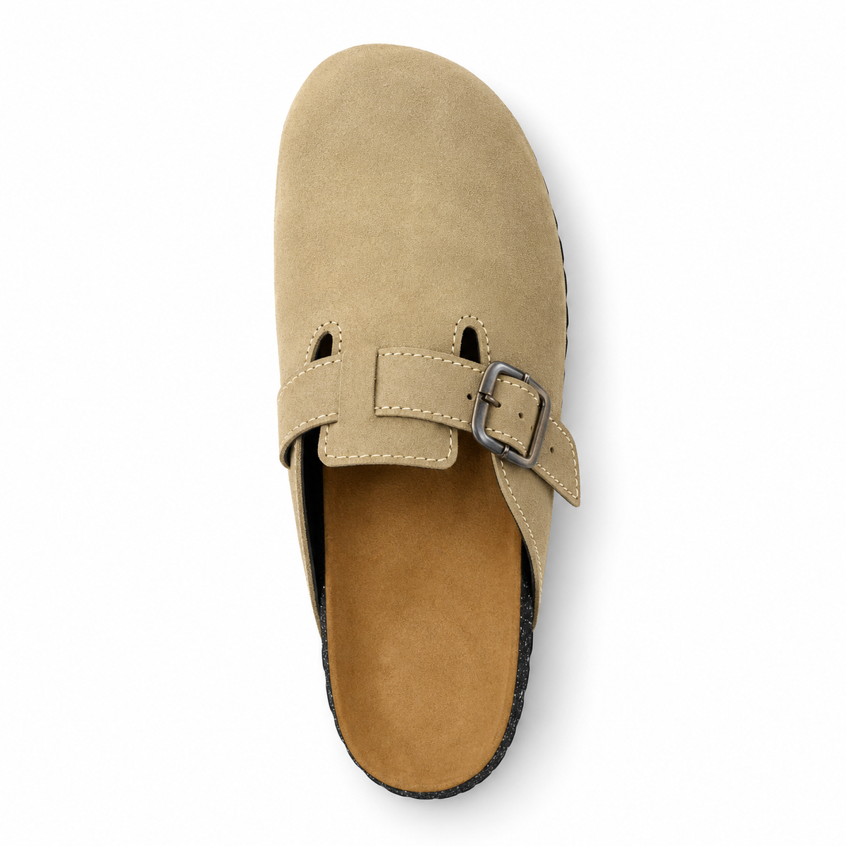 Haven Buckle Clogs in Sand, EU 37–45, direct overhead top view, toe towards the top of the frame, whole shoe visible