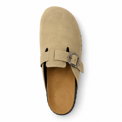 Haven Buckle Clogs in Sand, EU 37–45, direct overhead top view, toe towards the top of the frame, whole shoe visible
