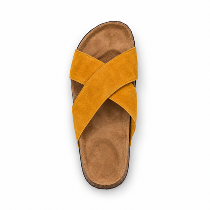 Cove Cross-Strap Slides in Ochre, EU 37–45, direct overhead top view, toe towards the top of the frame, whole shoe visible