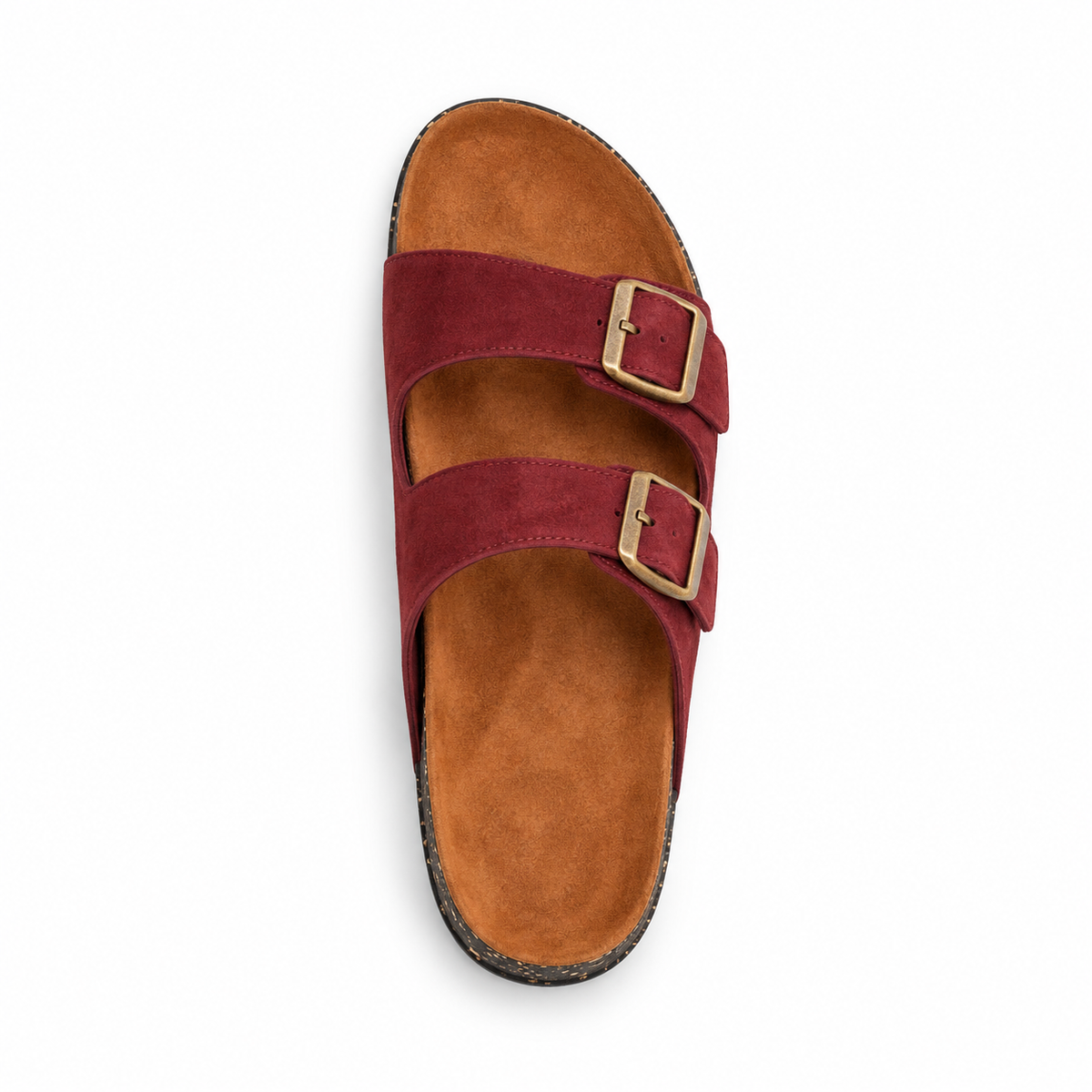 Dune Double-Buckle Sandals in Burgundy, EU 37–45, direct overhead top view, toe towards the top of the frame, whole shoe visible