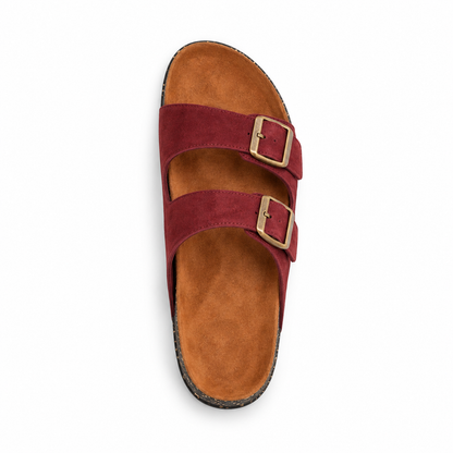 Dune Double-Buckle Sandals in Burgundy, EU 37–45, direct overhead top view, toe towards the top of the frame, whole shoe visible