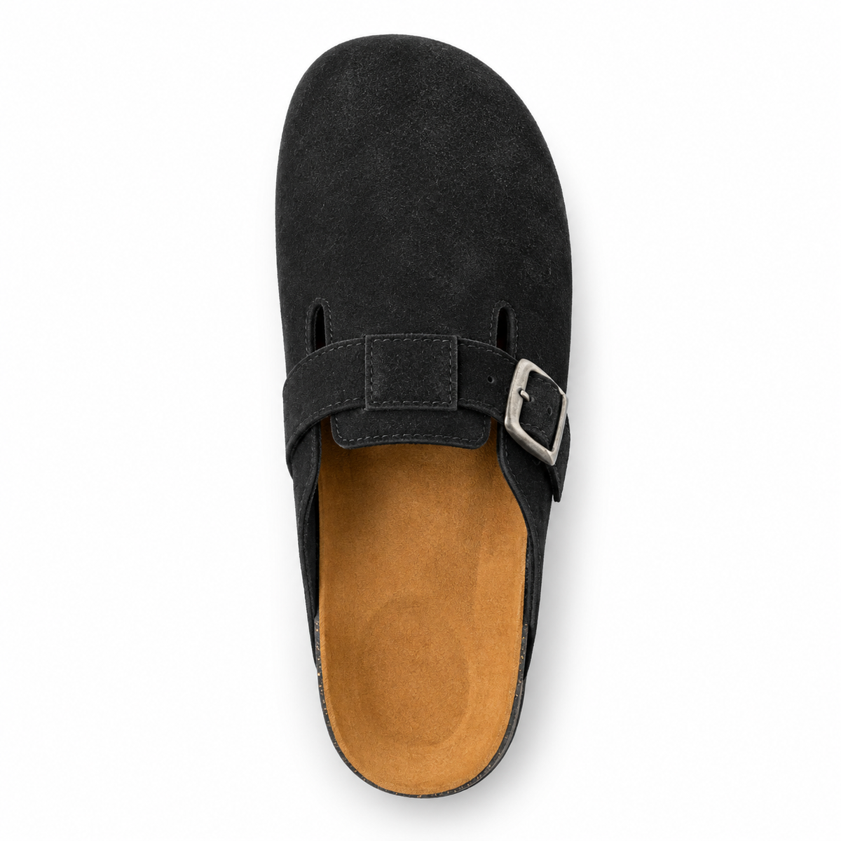 Haven Buckle Clogs in Black, EU 37–45, direct overhead top view, toe towards the top of the frame, whole shoe visible