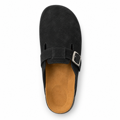 Haven Buckle Clogs in Black, EU 37–45, direct overhead top view, toe towards the top of the frame, whole shoe visible