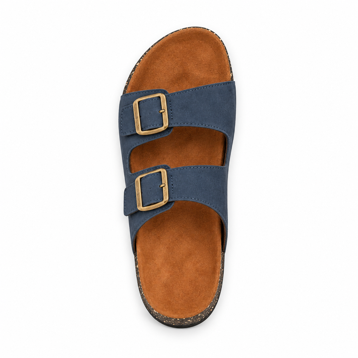 Dune Double-Buckle Sandals in Navy, EU 37–45, direct overhead top view, toe towards the top of the frame, whole shoe visible