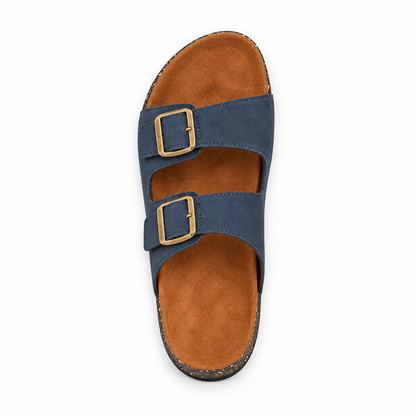 Dune Double-Buckle Sandals in Navy, EU 37–45, direct overhead top view, toe towards the top of the frame, whole shoe visible