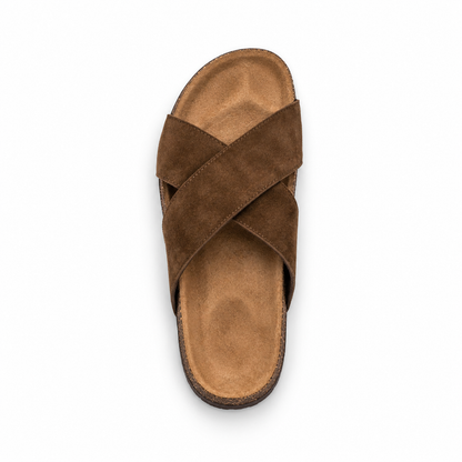 Cove Cross-Strap Slides in Mocha, EU 37–45, direct overhead top view, toe towards the top of the frame, whole shoe visible