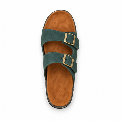 Dune Double-Buckle Sandals in Forest, EU 37–45, direct overhead top view, toe towards the top of the frame, whole shoe visible