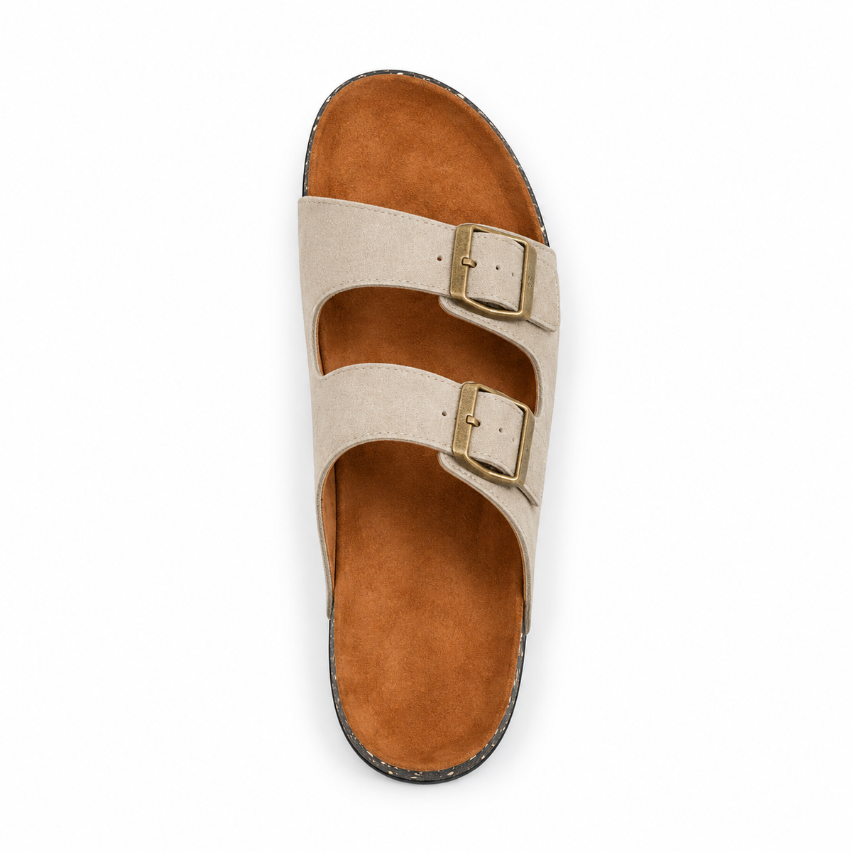 Dune Double-Buckle Sandals in Sand, EU 37–45, direct overhead top view, toe towards the top of the frame, whole shoe visible