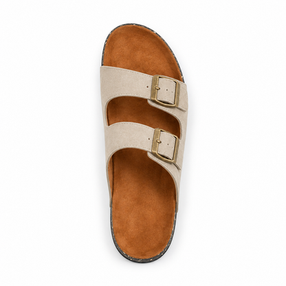 Dune Double-Buckle Sandals in Sand, EU 37–45, direct overhead top view, toe towards the top of the frame, whole shoe visible
