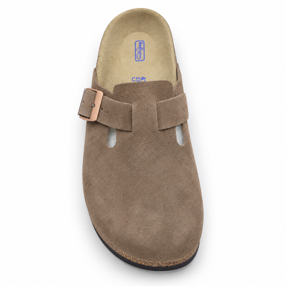 Haven Copper Buckle Clogs — Taupe, top view
