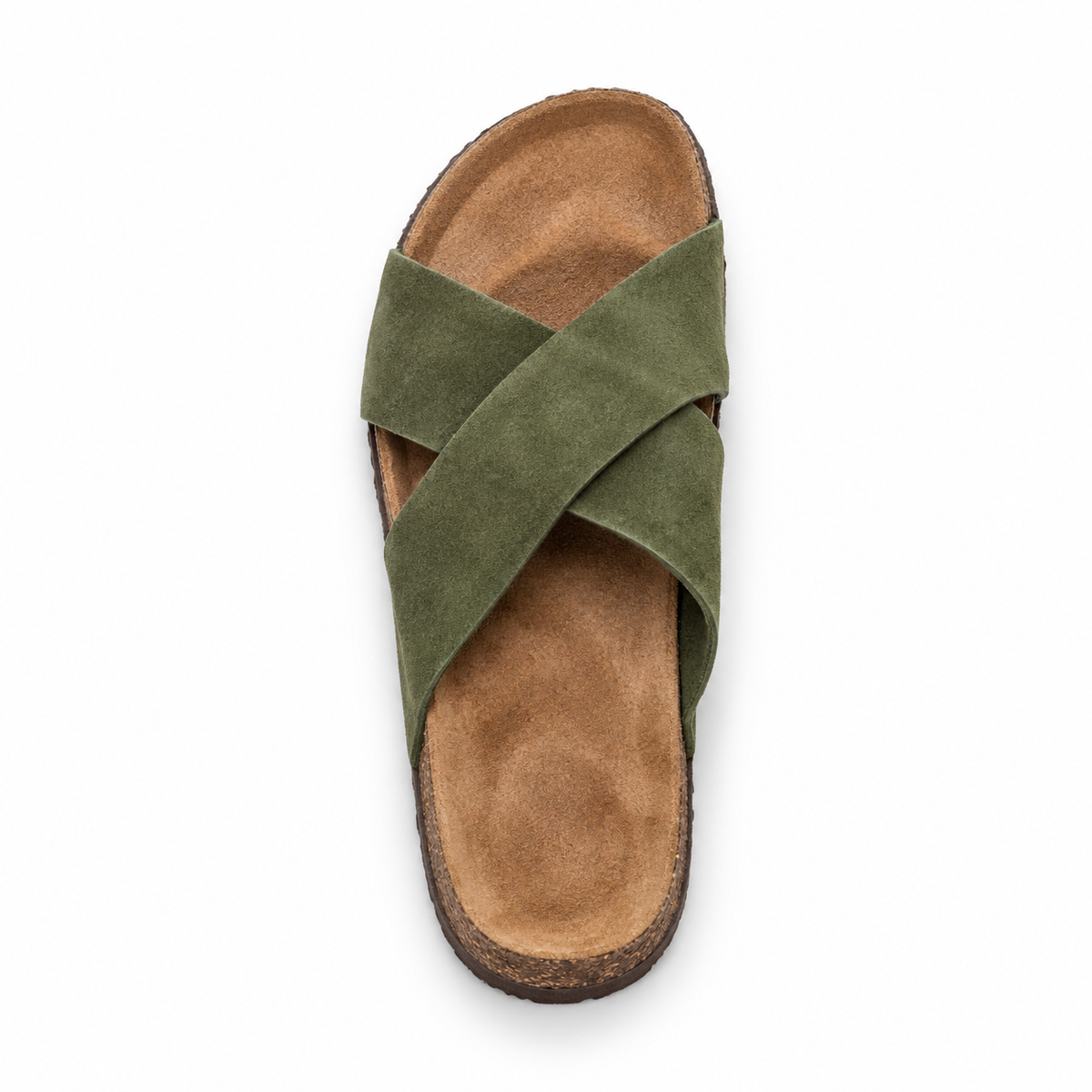 Cove Cross-Strap Slides in Olive, EU 37–45, direct overhead top view, toe towards the top of the frame, whole shoe visible